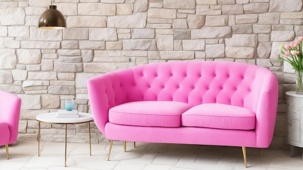 Photo a pink sofa with a brick wall