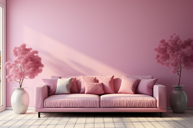 Pink sofa with pink pillows on a purple background