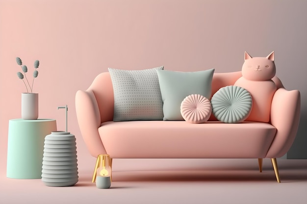 Розовый диван с розовым диваном и подушками на нем.