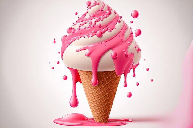 Pink soft ice cream cone with strawberry milk taste and melting pink syrup image