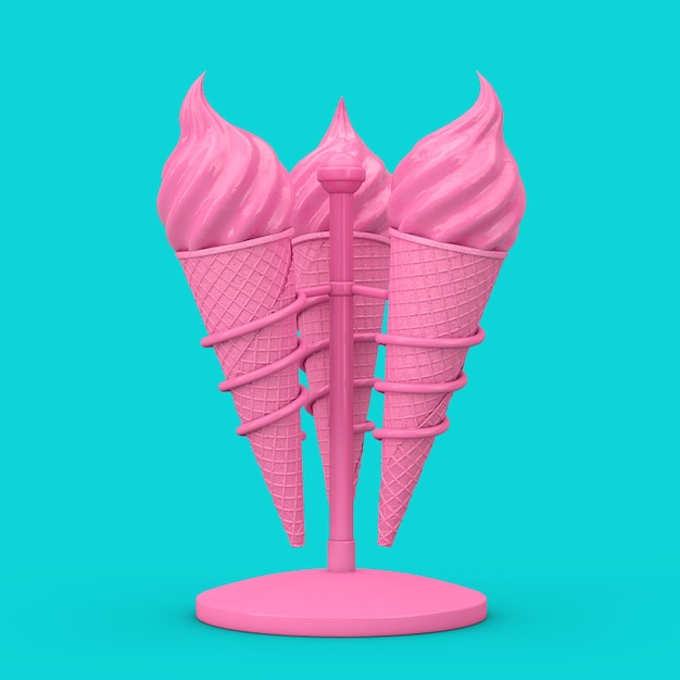 Pink Soft Serve Ice Cream in Waffle Crispy Ice Cream Cones in Holders as Duotone Style on a blue background. 3d Rendering