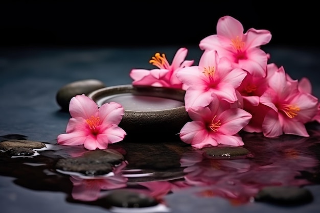 Foto la spa rosa fiorisce le pietre calde sull'acqua di fondo scuro