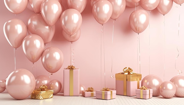 a pink space with gold balloons and presents around it 3d rendering in the style of minimalist