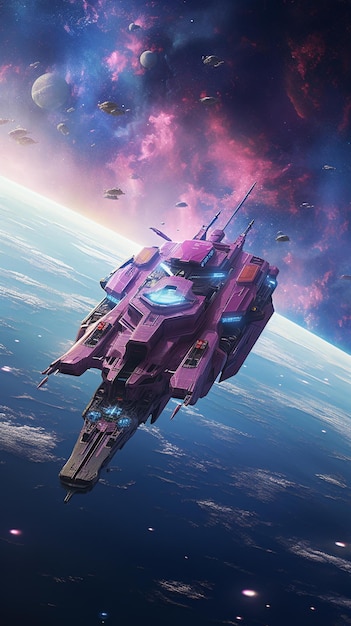 青い空と雲を持つピンクの宇宙船