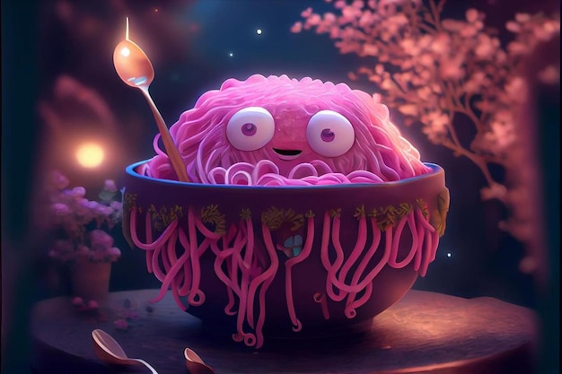 A pink spaghetti bowl with a smiling face sits on a table.