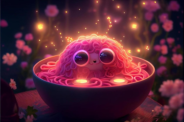 A pink spaghetti with a pink face and big eyes.