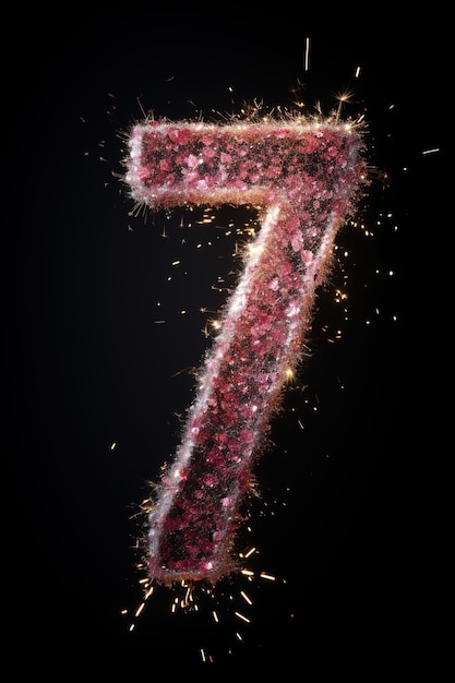 Photo pink sparkling number seven on black background symbol 7 invitation for a seventh birthday party or business anniversary vertical picture generative ai