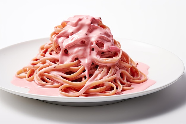 Pink sphagetti with pink sauce on white background