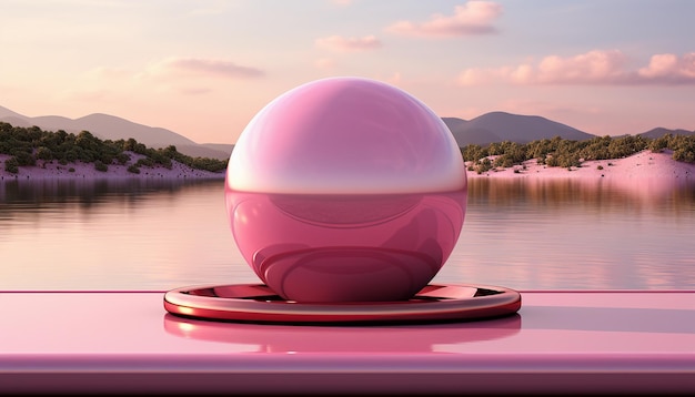 Foto una sfera rosa su un piedistallo in un lago