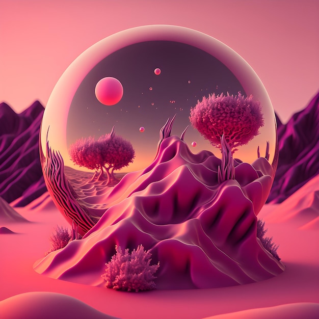 A pink sphere with a planet in the middle of it.