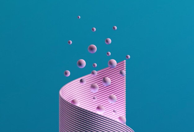 Pink spiral with random floating spheres 3d render illustration 3d abstract spheres