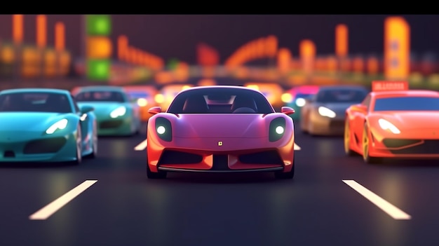 A pink sports car is driving in a traffic jam with a lot of cars behind it.