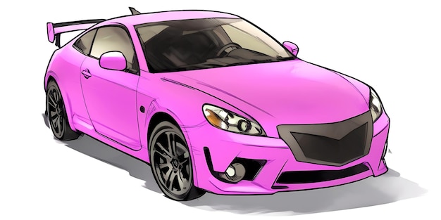 A pink sports car with a flat top on a white background with a shadow AI