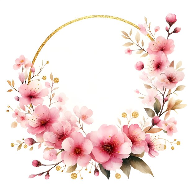 Photo pink spring flowers and gloden round frame watercolor paint for holiday card decor