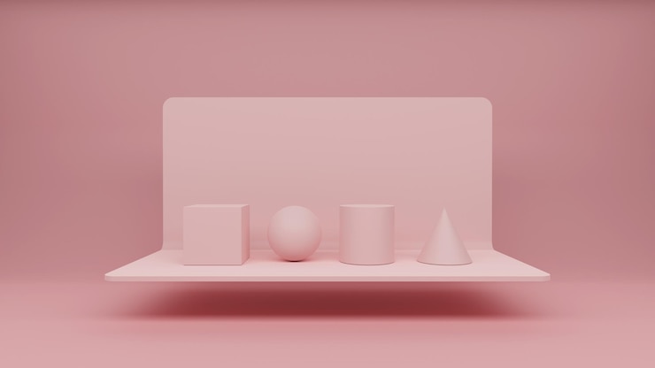 Photo pink squares, spheres, cylinders, cones and pastel bases on a pink background , 3d illustration.