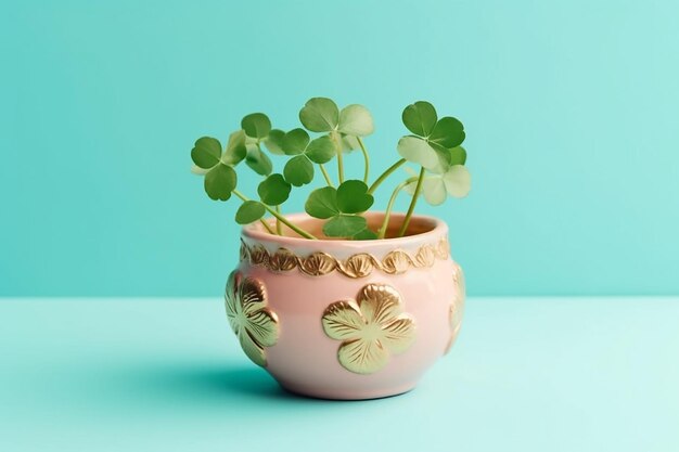 Photo pink st patrick's gold pot of golden coins with clover