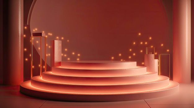 a pink stage with a pink podium and a lit up sign that says'pink '