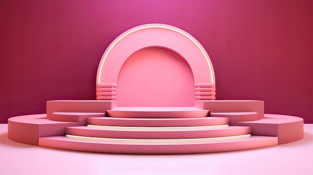 a pink stage with a pink stage and a pink stage with a large round podium on it.