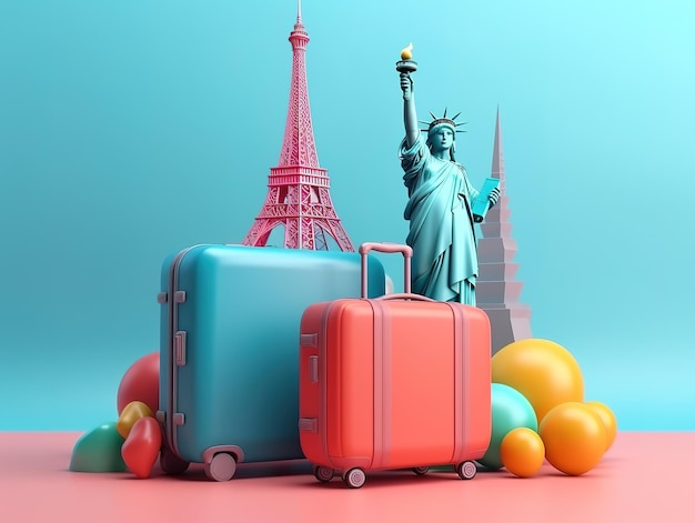 A pink statue of liberty sits among other suitcases.