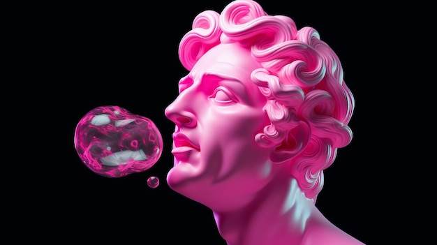 A pink statue of a man blowing a bubble