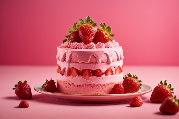 Pink strawberry cake portion on pink background