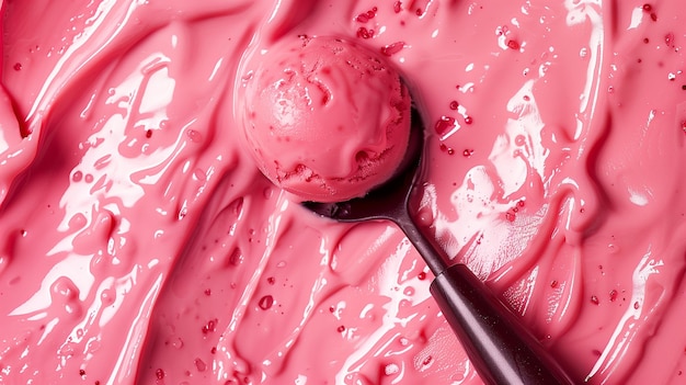 pink strawberry ice cream ball in a spoon top view