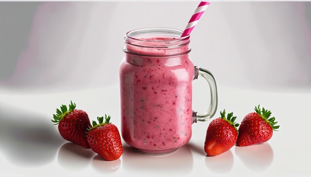 Pink strawberry smoothie in a mason jar glass