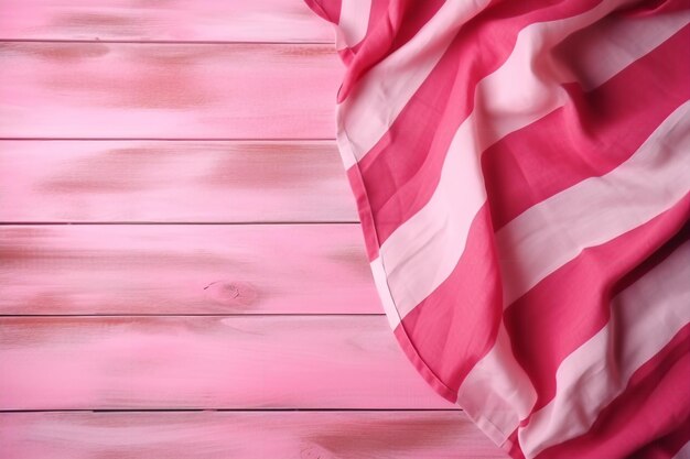 Pink striped cloth on a wooden background