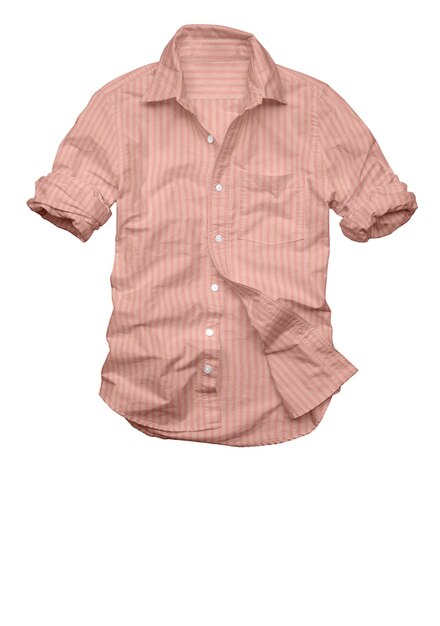 A pink striped shirt is hanging on a white background
