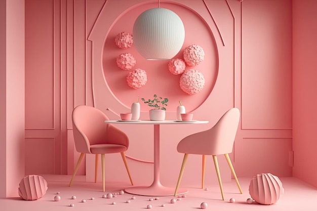 Pink studio dining table interior design Colorless illustration