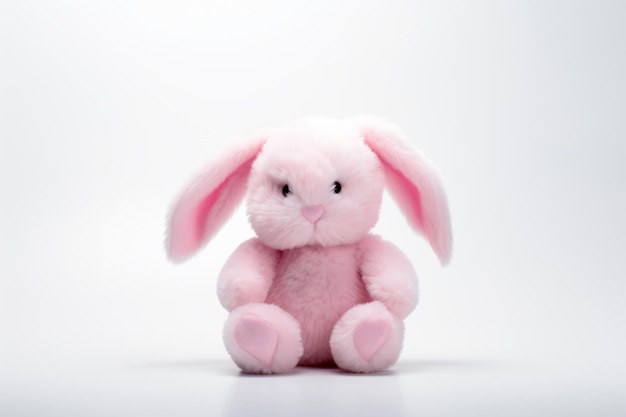 a pink stuffed rabbit sitting on a white surface