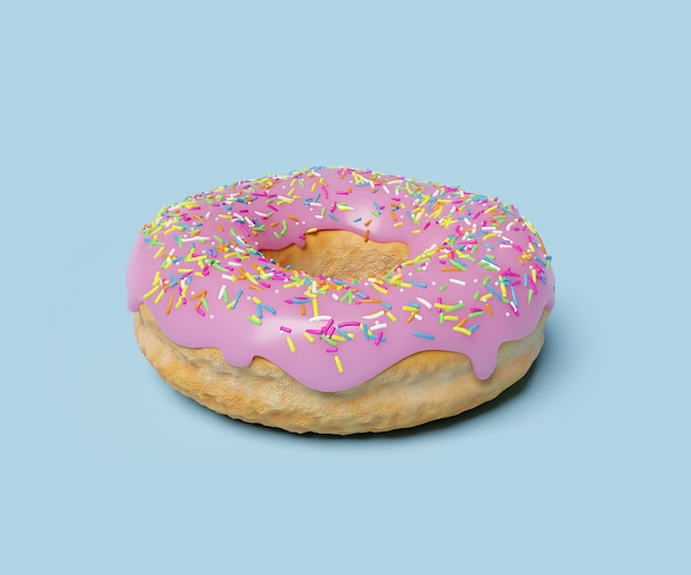 Pink sugar icing donut 3d object on blue