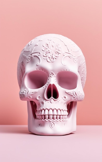 A pink sugar skull with a floral pattern on it