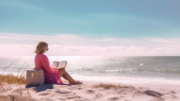 A pink suit woman reading a book on summer beach