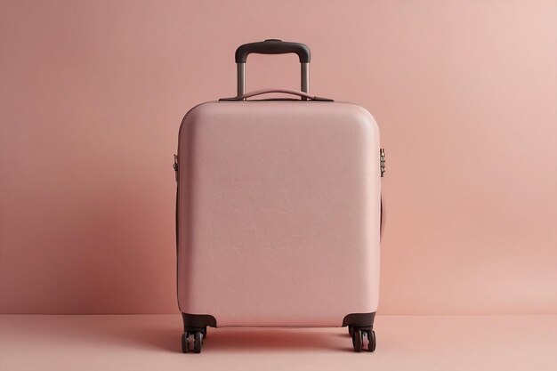 Pink suitcase on a pink background The concept of travel and vacation