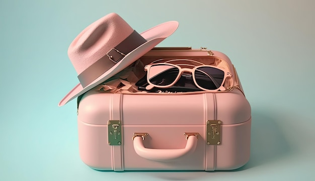 帽子とサングラスをかけたピンクのスーツケースが青色の背景に表示されます。