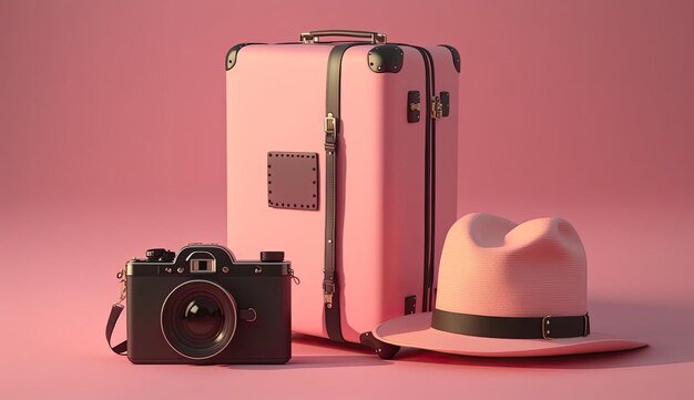 Розовый чемодан с розовой шляпой и фотоаппаратом.