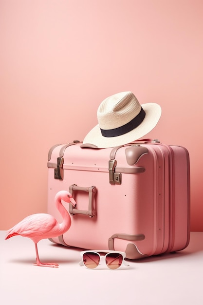 A pink suitcase with a pink hat and a pink flamingo on it.