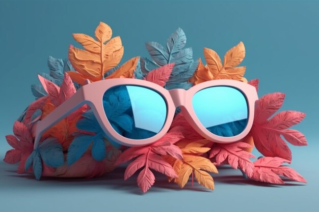 A pink sunglasses with blue lenses sits on a pile of autumn leaves