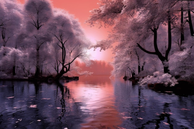 湖に沈むピンク色の夕日