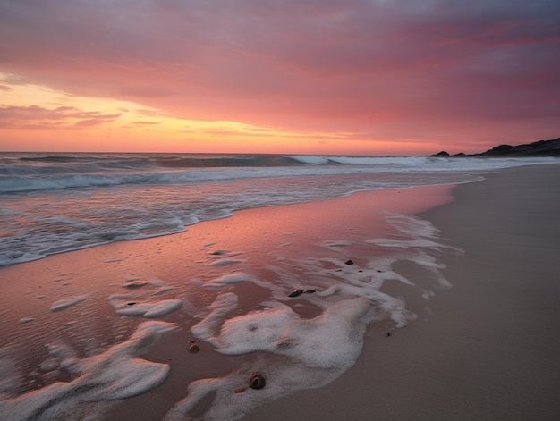 Premium Photo  A sunset over a beach with a pink sunset and the ocean.