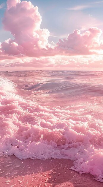 写真 ピンクの夕暮れ ピンクな空のビーチ 波が岸にぶつかる