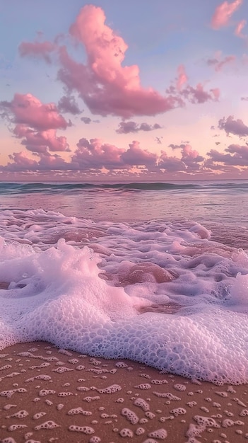 Фото Розовый закат розовое небо пляж с волнами, разбивающимися на берегу