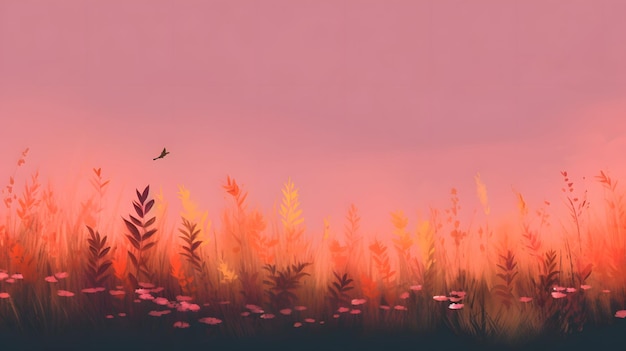 A pink sunset with a bird flying over a field of grass.