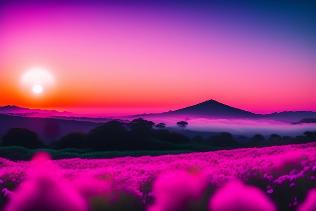 背景の山とピンクの夕日