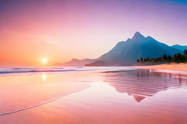 A pink sunset with mountains in the background