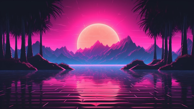 A pink sunset with mountains and a lake.