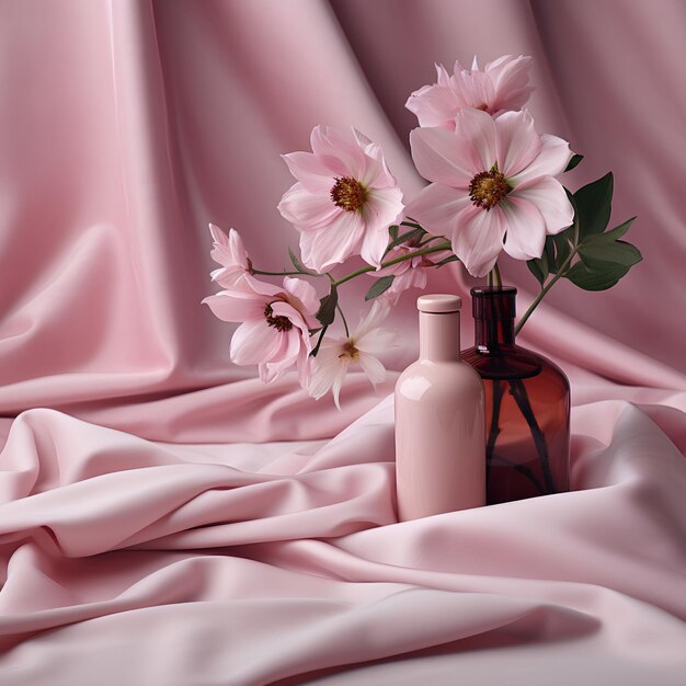 Photo pink supplement bottle on satin blanket laying sideways