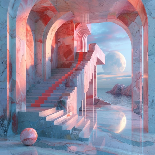 Photo pink surreal marble stairs to the moon and sea