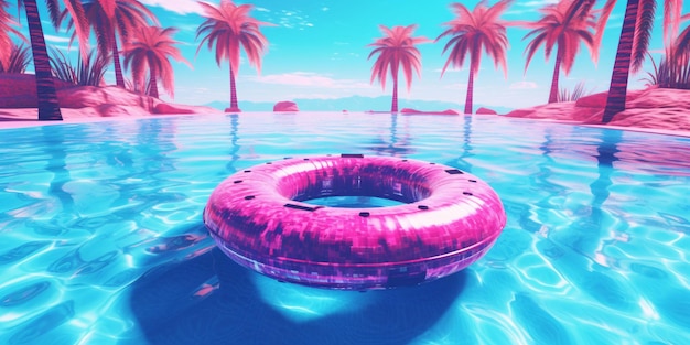 Pink Swimming Pool Ring Float on Blue Water Summer Background Generative AI